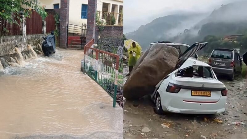 मूसलाधार बारिश का कहर: जलभराव, कार पर गिर पत्थर, 17 सड़कें बंद, जनजीवन अस्त-व्यस्त