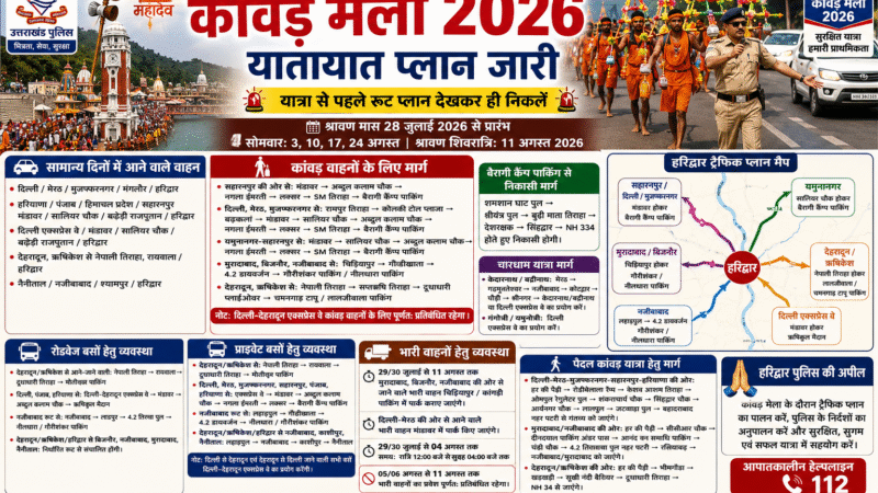 कांवड़ मेला-2026: हरिद्वार पुलिस ने जारी किया विस्तृत ट्रैफिक प्लान, यात्रा से पहले रूट देखकर ही निकलें श्रद्धालु
