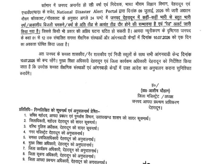 देहरादून में भारी बारिश का रेड अलर्ट, 10 जुलाई को कक्षा 1 से 12 तक के सभी स्कूल और आंगनबाड़ी केंद्र बंद